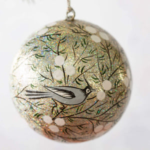 3" Silver Glitter With White Birds Christmas Bauble